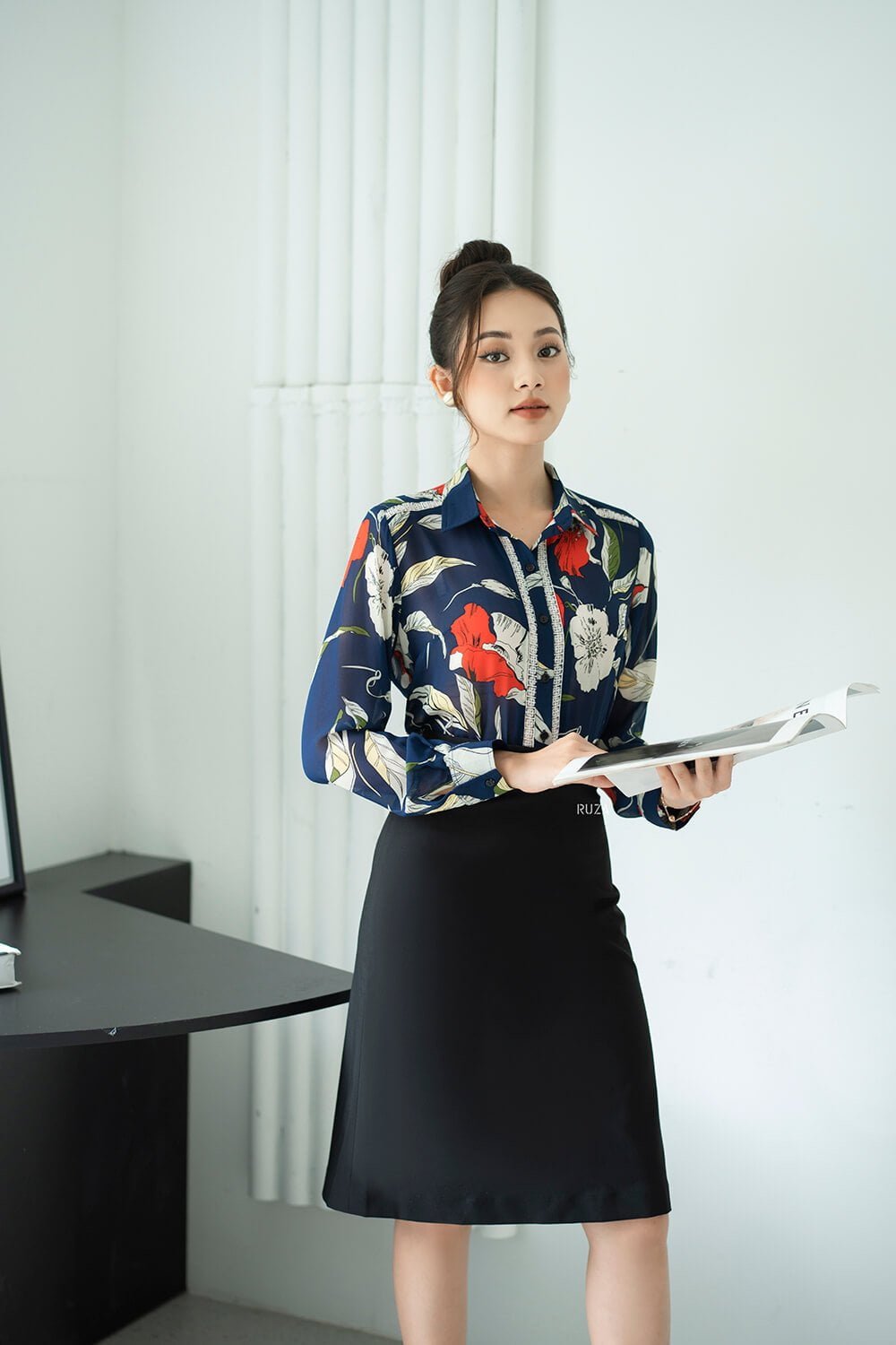 Áo sơ mi tay dài AD 032 103 xanh họa tiết pc2
