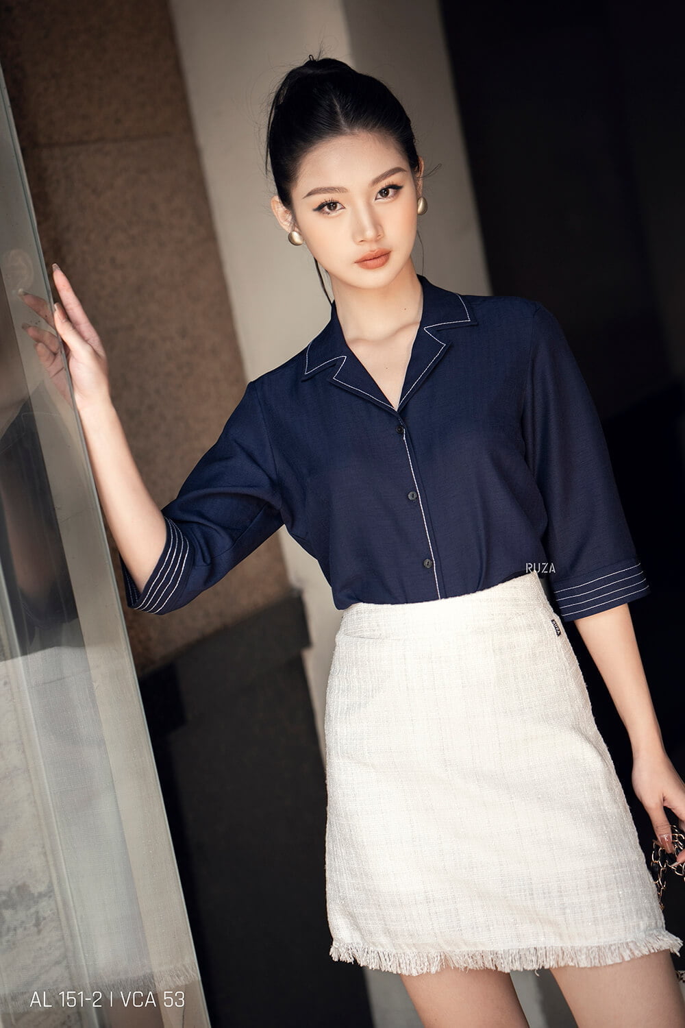 Áo sơ mi tay lỡ AL 151-2 xanh đen pc1