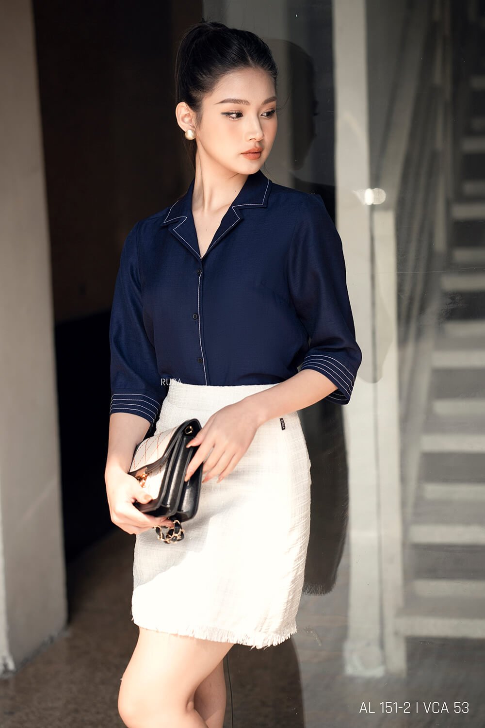 Áo sơ mi tay lỡ AL 151-2 xanh đen pc3
