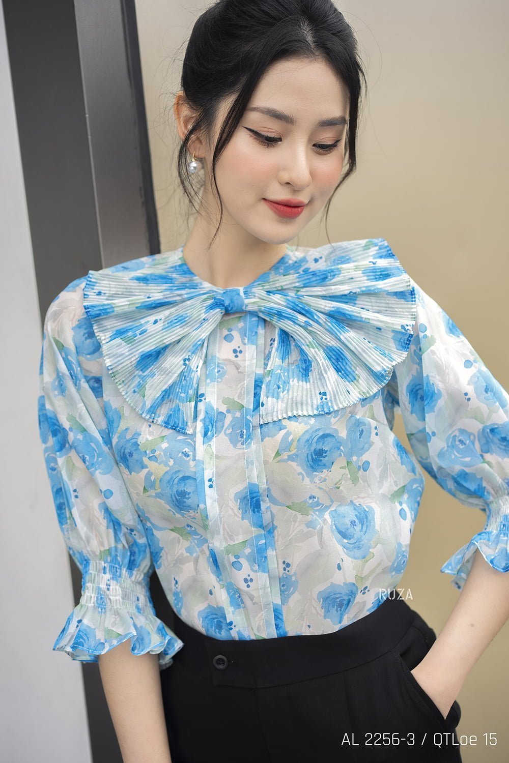 Áo sơ mi tay lỡ AL 2256-3 hoa hồng xanh pc3