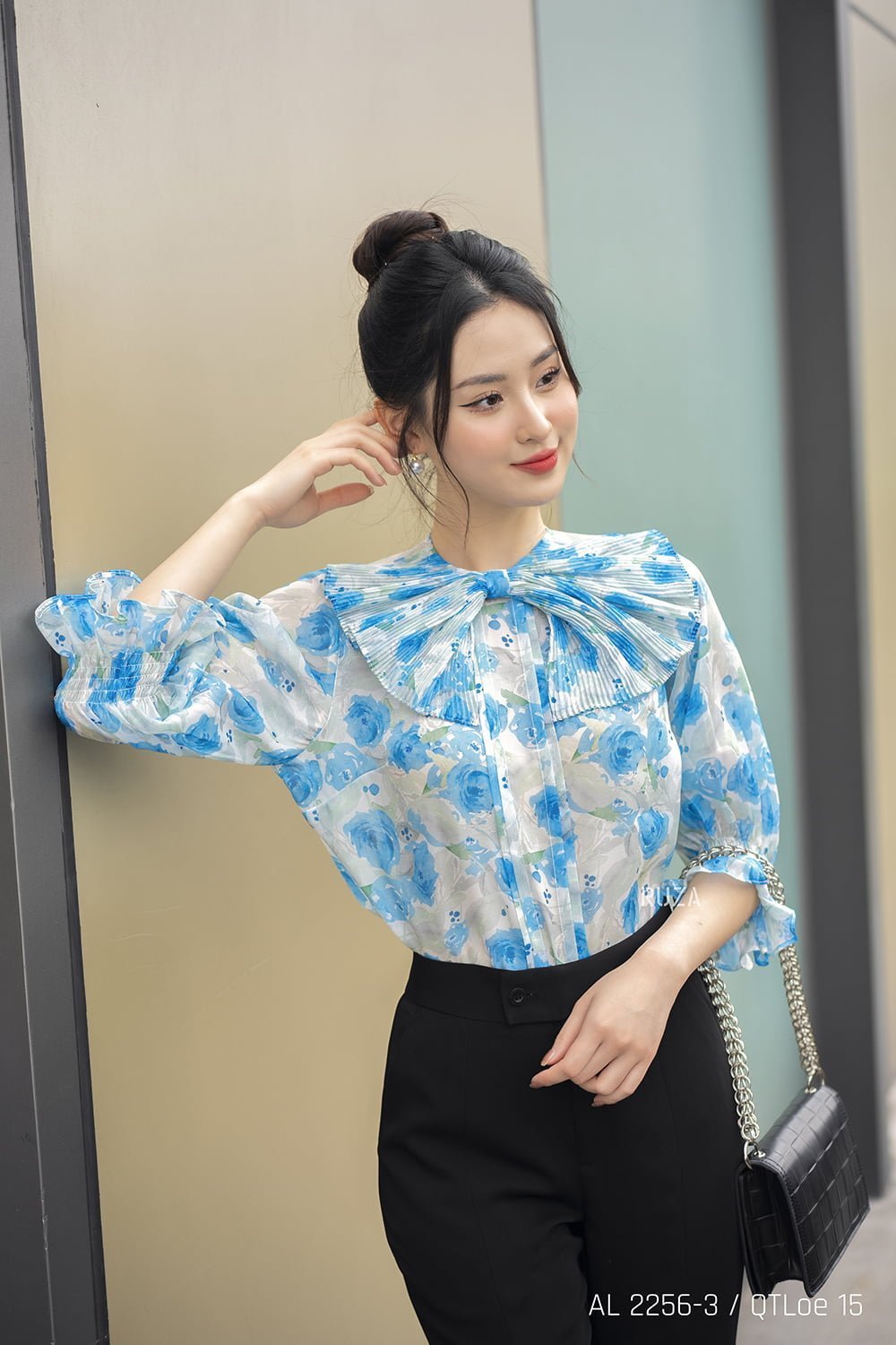 Áo sơ mi tay lỡ AL 2256-3 hoa hồng xanh