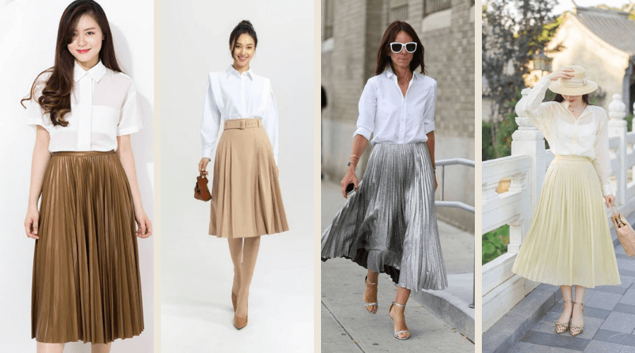 Basic là gì? Tìm hiểu về phong cách thời trang basic 6 Áo sơ mi trắng kết hợp chân váy xếp ly