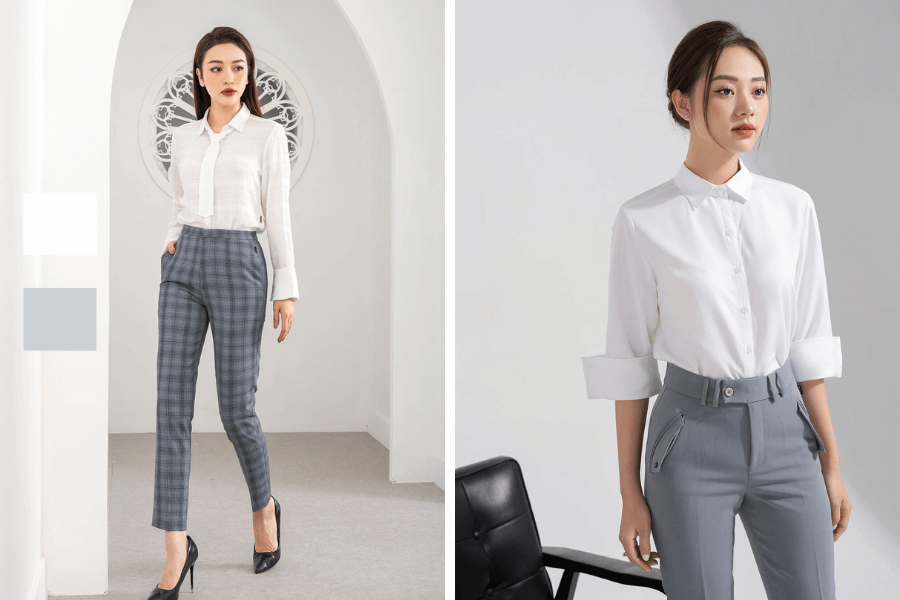 Màu xám phối với màu gì? Cách phối đồ với màu xám đơn giản 10 Quần xám phối với áo so mi trắng