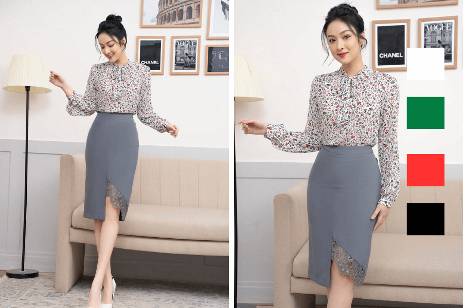 Màu xám phối với màu gì? Cách phối đồ với màu xám đơn giản 12 Váy xám phối áo sơ mi họa tiết