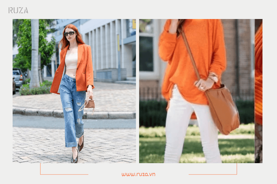 Màu cam kết hợp với màu gì để vừa phong cách vừa đẹp 5 Áo màu cam phối với quần jean xanh - Quần trắng