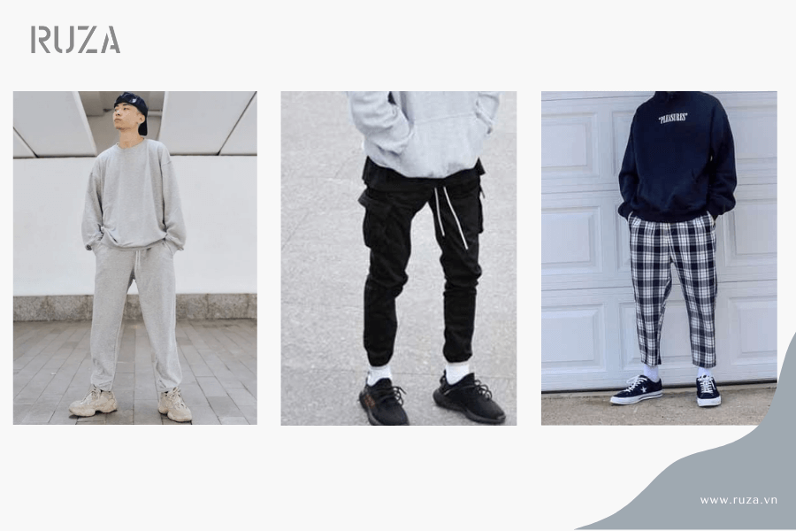 15+ cách phối đồ với áo hoodie không mũ cực xịn 9 Phối áo hoodie không mũ nam: Quần culottes, quần chạy bộ, quần baggy