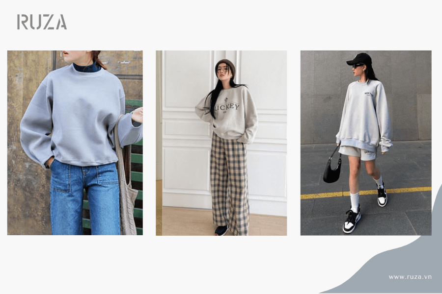 15+ cách phối đồ với áo hoodie không mũ cực xịn 5 Phối áo hoodie không mũ nữ: Quần jeans, quần ống rộng, quần chạy bộ