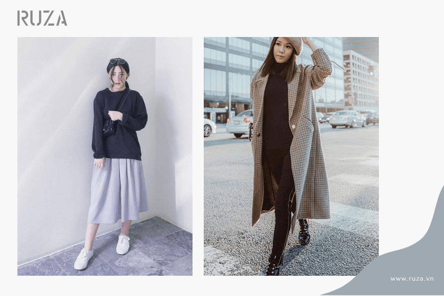 15+ cách phối đồ với áo hoodie không mũ cực xịn 7 Phối áo hoodie không mũ nữ: váy midi và áo khoác dài