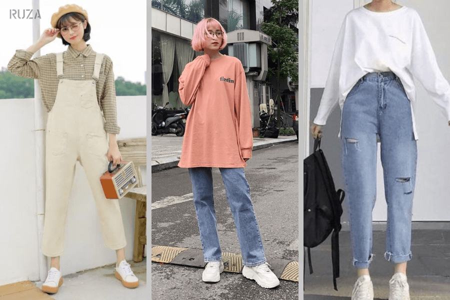 Oversize là gì? Cách phối đồ oversize phổ biến dành cho nữ 4 Phối đồ oversize: Áo yếm bò - áo phông trơn và quần jean ống đứng -áo phông oversize nữ với quần jean baggy