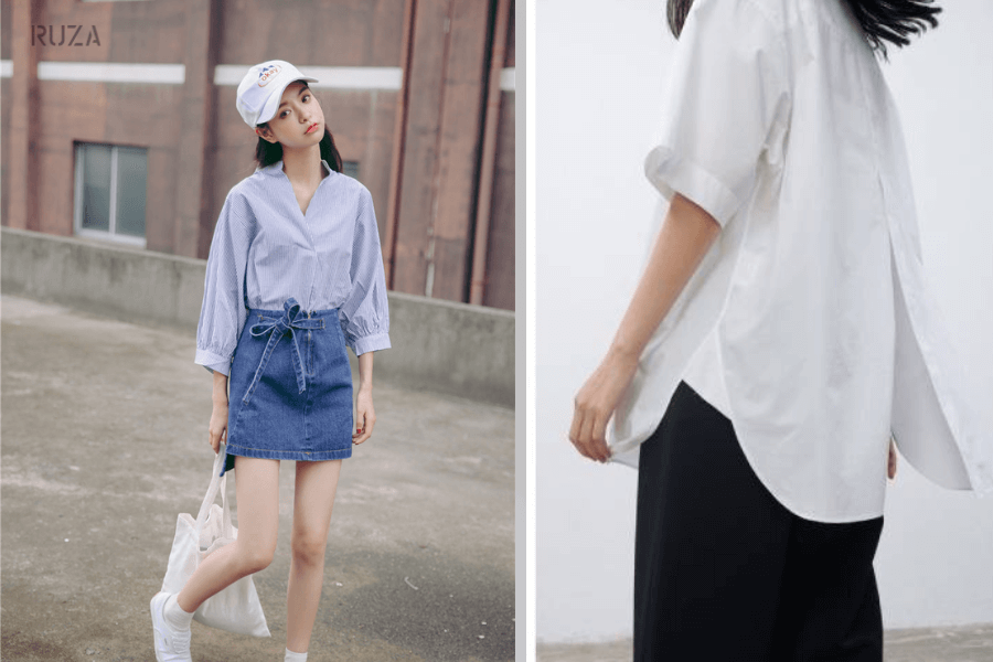 Oversize là gì? Cách phối đồ oversize phổ biến dành cho nữ 7 Phối đồ oversize: Sơ mi oversize với chân váy denim - Áo sơ mi oversize unisex với quần vải
