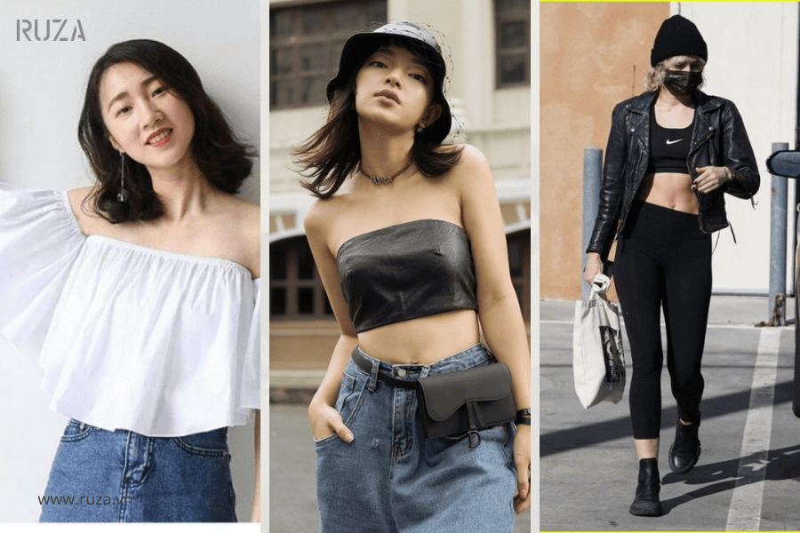 Cách phối đồ với tóc mullet nữ cực đẹp dành cho nàng 6 Phối đồ với tóc mullect: Áo trễ vai - Croptop ngắn - Quần da dài với áo crop top