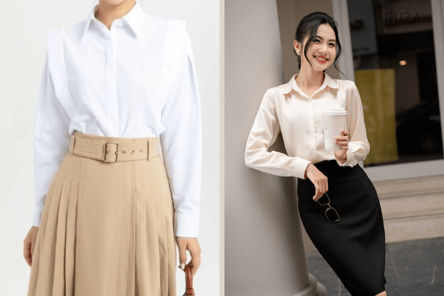 Màu kem hợp với màu gì? 10+ outfits cực đẹp với màu kem 6 Phối chân váy kem với áo trắng - Váy đen với áo sơ mi kem