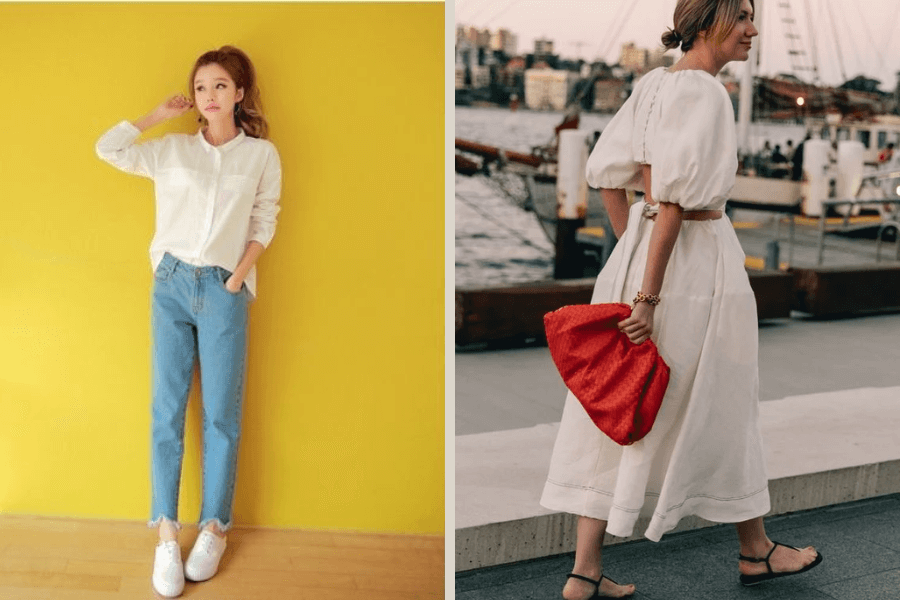 Màu kem hợp với màu gì? 10+ outfits cực đẹp với màu kem 7 Phối quần jeans với áo sơ mi màu kem - Váy kem kết hợp túi đỏ