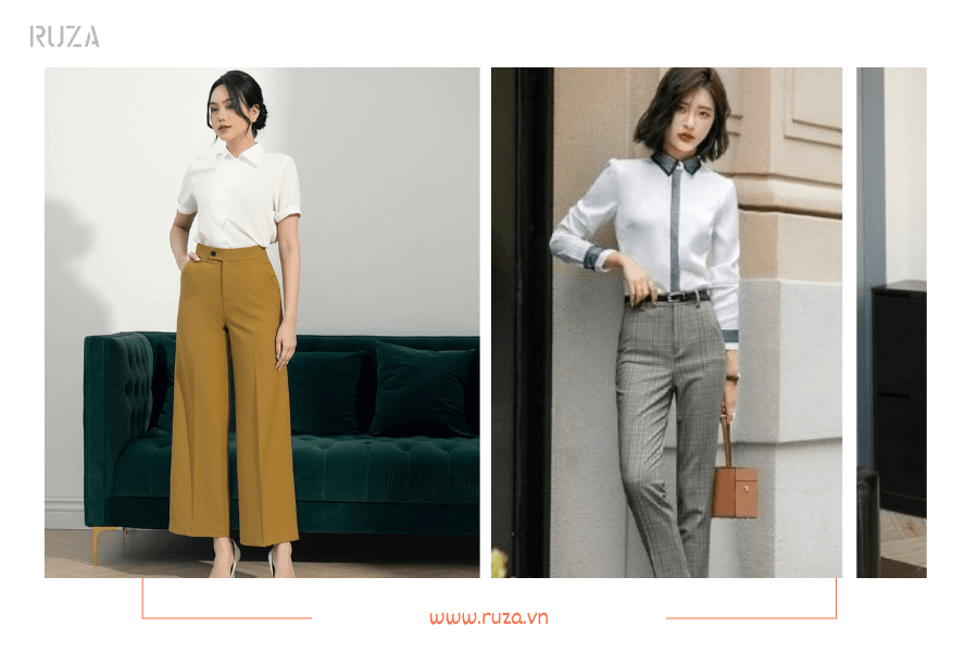 Phối quần tây ống rộng và áo sơ mi cổ bẻ - quần tây ống côn và áo sơ mi cổ trụ
