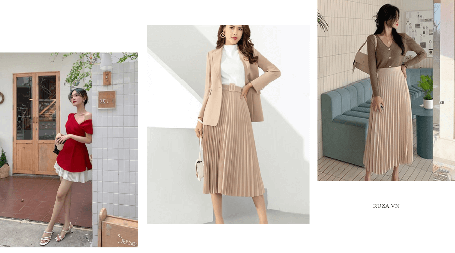 15 + Cách Phối Chân Váy Xếp Ly Giúp Nàng Xinh Lung Linh 6 Phối áo trễ vai đỏ, blazer và áo len