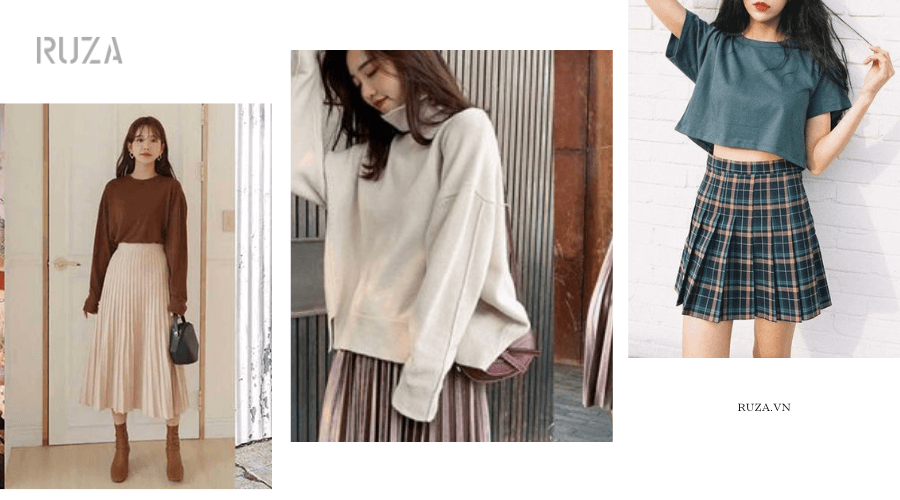 15 + Cách Phối Chân Váy Xếp Ly Giúp Nàng Xinh Lung Linh 7 Váy xếp lỹ Phối áo cardigan len - áo len cổ cao - áo croptop