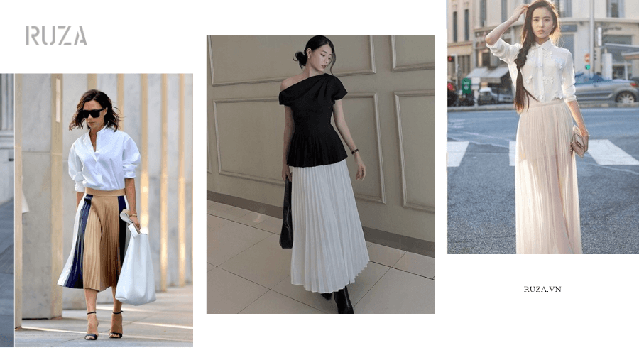15 + Cách Phối Chân Váy Xếp Ly Giúp Nàng Xinh Lung Linh 5 Phối sơ mi dài tay cổ V với chân váy xếp ly