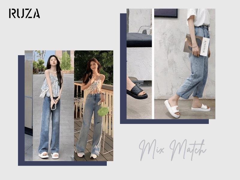 Phối đồ với dép bánh mì nữ cực độc đáo và thời thượng 3 Quần jean ống rộng với dép bánh mì nữ