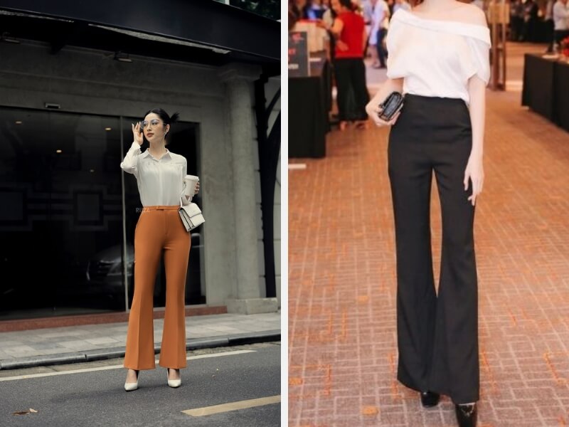 Quần Ống Loe Đen Phối Với Áo Gì? Mẹo Mix Đồ Sành Điệu 3 Phối quần ống loe với áo sơ mi - áo trễ vai