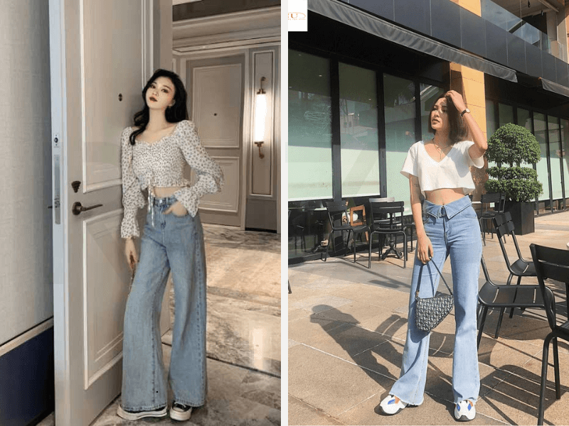 Cách Phối Đồ Cho Người Lùn Chân To: 5+ Bí Kíp Hack Dáng 3 Quần jean cao cạp ông suông và áo croptop