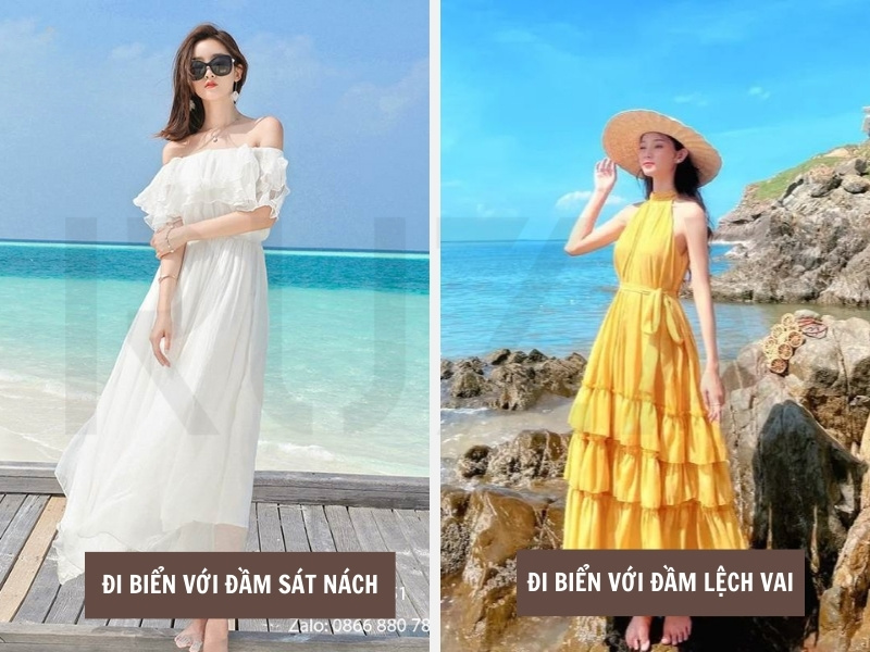 Đi Biển Nên Mặc Đồ Gì? Tổng Hợp Trang Phục Đi Biển Cực Chất 5 Đầm sát nách và đầm lệch vai đi biển