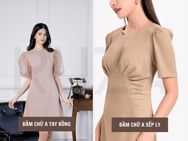 Đầm chữ A tay bồng - Đầm chữ A xếp ly