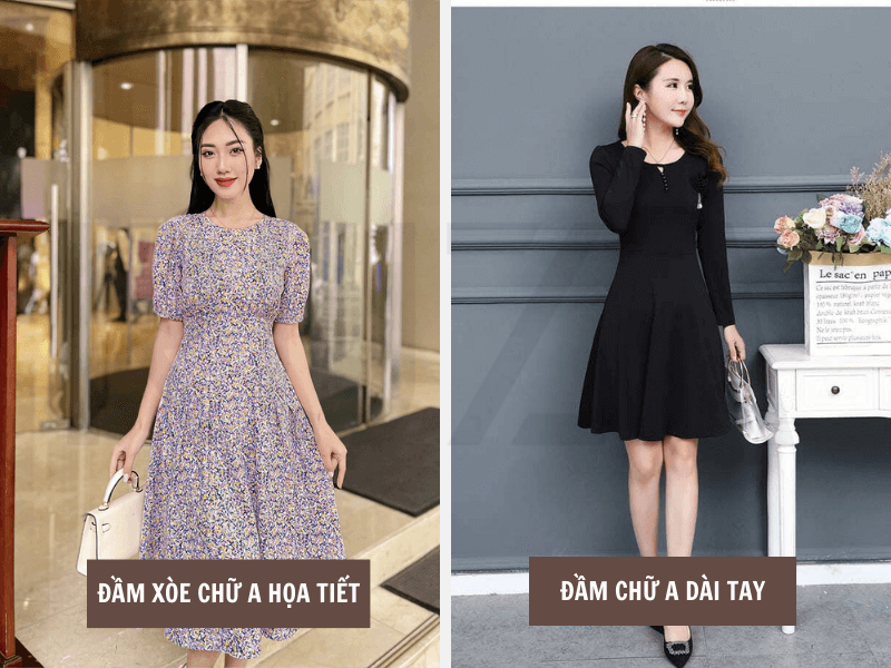 Đầm xòe chữ A họa tiết - Đầm xòe chữ A dài tay