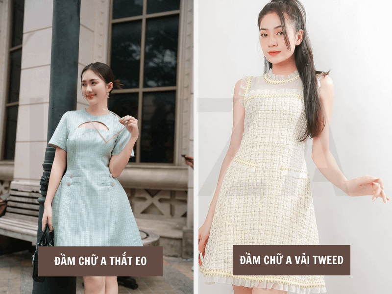 Đầm chữ A thắt eo - Đầm chữ A vải tweed