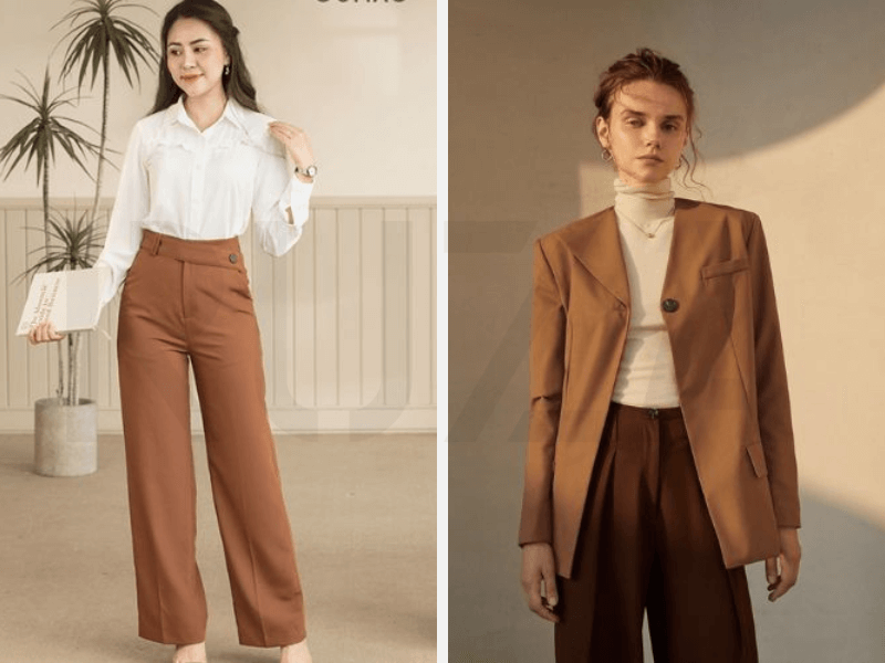 Quần nâu phối áo màu trắng - Blazer