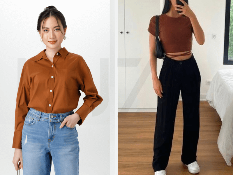 Áo màu nâu với quần xanh dương - Quần đen