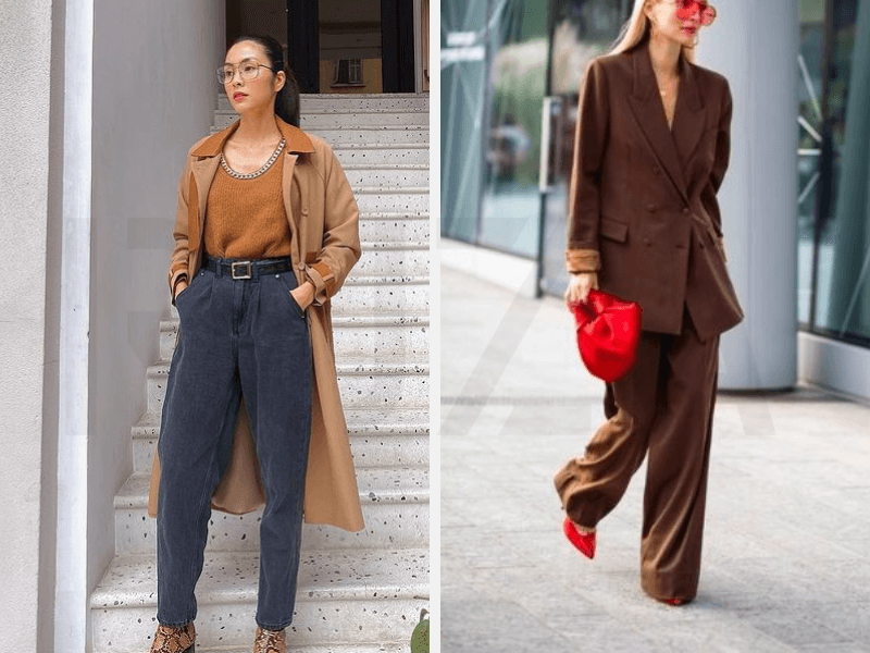 Áo nâu phối với  quần jean denim - kèm phụ kiện