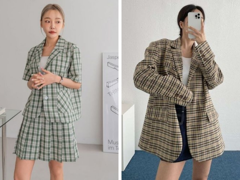 Blazer caro với chân váy xếp ly - blazer caro với chân váy ngắn