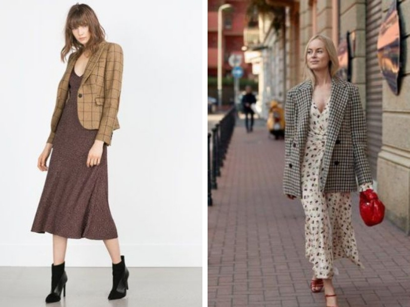 Blazer caro với váy liền dáng suông - đầm dài maxi