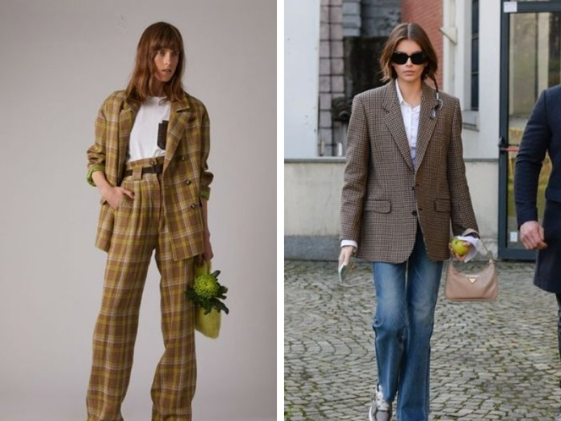 Blazer caro với quần cùng màu - quần tây ống đứng
