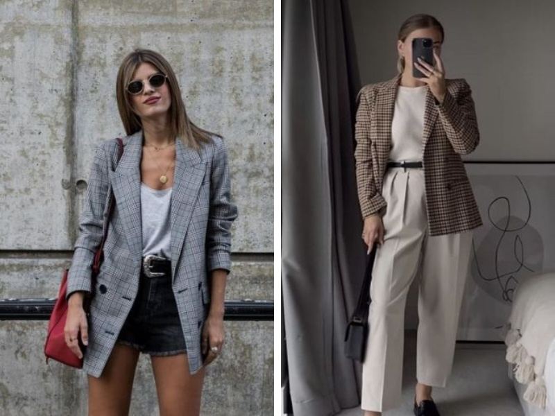Blazer caro với quần short - quần baggy
