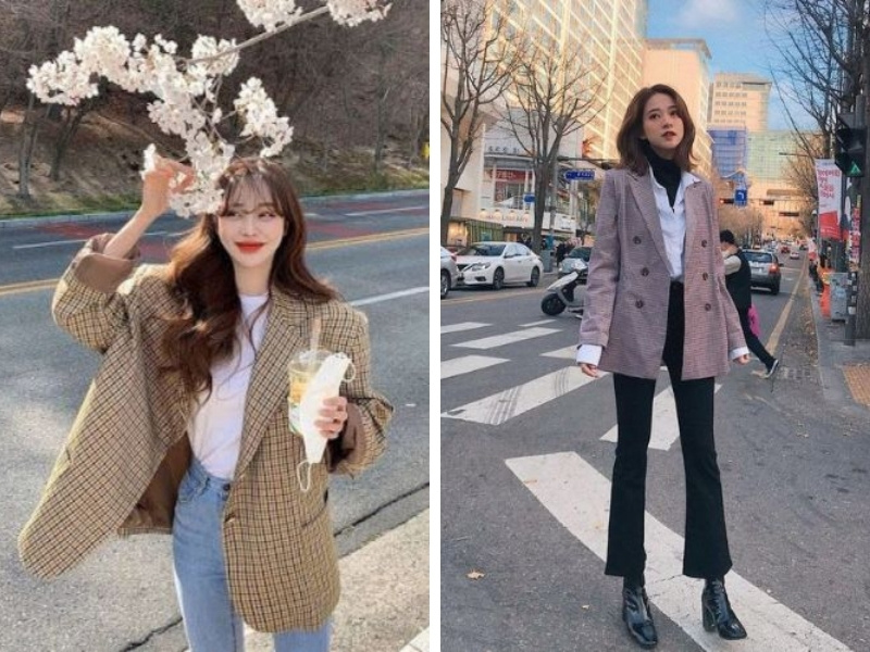 Blazer caro với quần jeans - quần ống loe