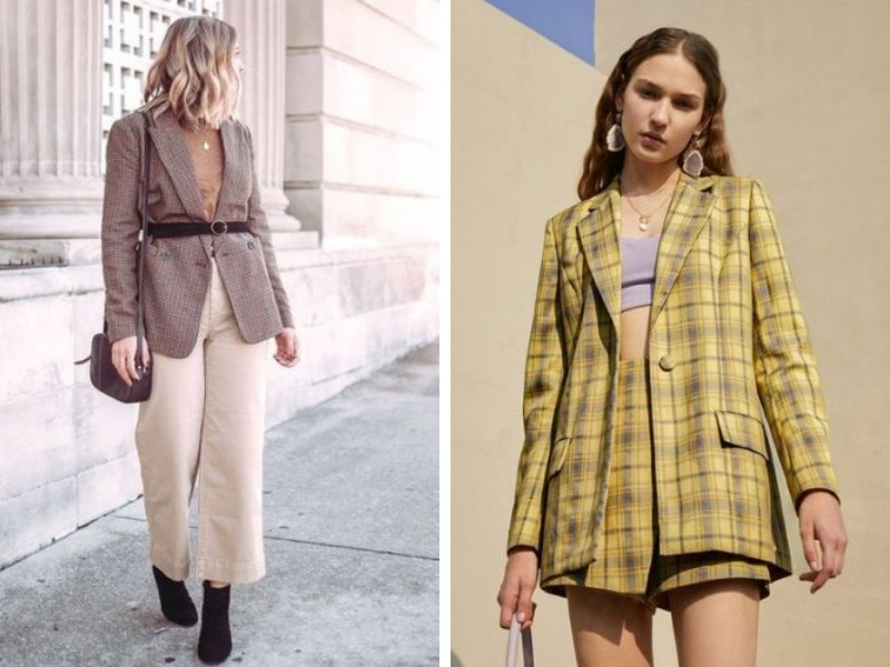 Blazer caro với quần ống lửng - áo croptop