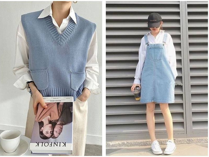 Đi Đà Lạt Mặc Gì? Các Cách Mix & Match Thật Nổi Bật 4 Phối gile với áo sơ mi - Váy yếm jean kết hợp với áo tay dài