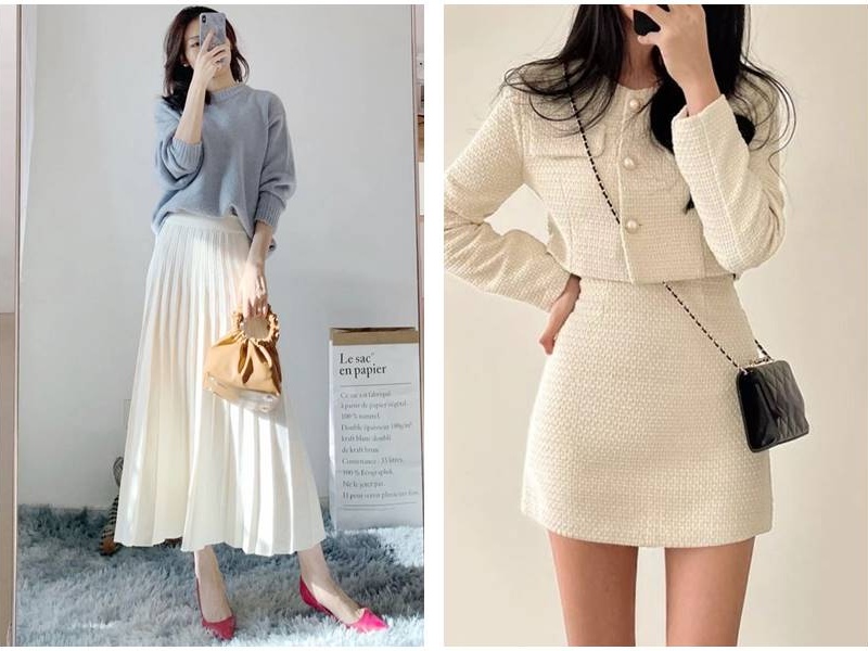 Đi Đà Lạt Mặc Gì? Các Cách Mix & Match Thật Nổi Bật 3 Áo len ấm áp cùng chân váy midi - Áo dạ tweed