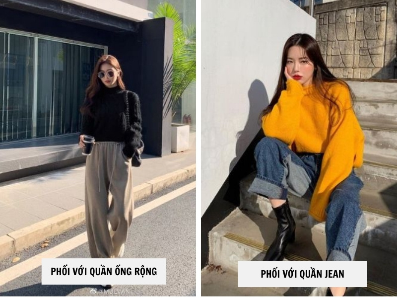 10 Cách Phối Đồ Với Áo Len Cổ Lọ Ấm Áp Mà Vẫn Sành Điệu 4 Phối áo len cổ lọ với quần ống rộng - quần jean