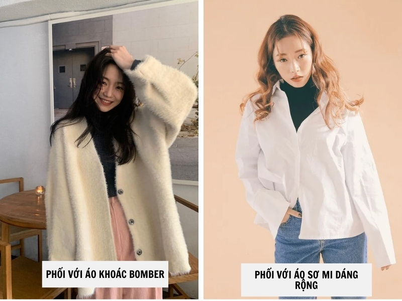 10 Cách Phối Đồ Với Áo Len Cổ Lọ Ấm Áp Mà Vẫn Sành Điệu 11 Phối với áo khoác bomber - áo sơ mi dáng rộng