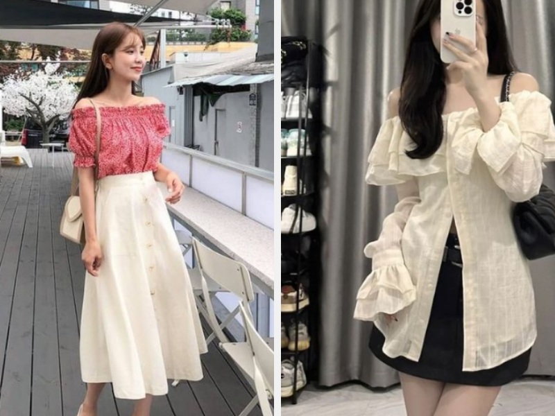 Phối Chân Váy Xòe Mặc Với Áo Gì Cho Nàng Thêm Xinh 6 Mặc với áo trễ vai - áo voan