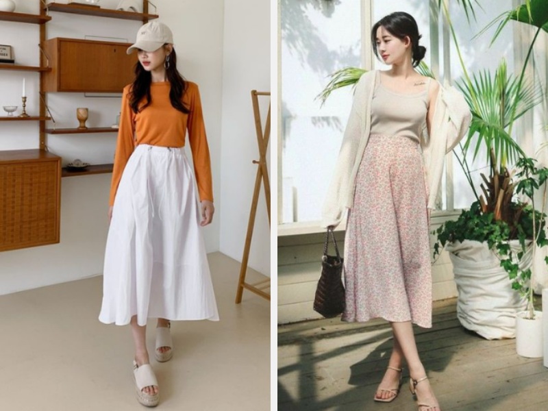 Phối Chân Váy Xòe Mặc Với Áo Gì Cho Nàng Thêm Xinh 7 Mặc với áo phông - áo hai dây