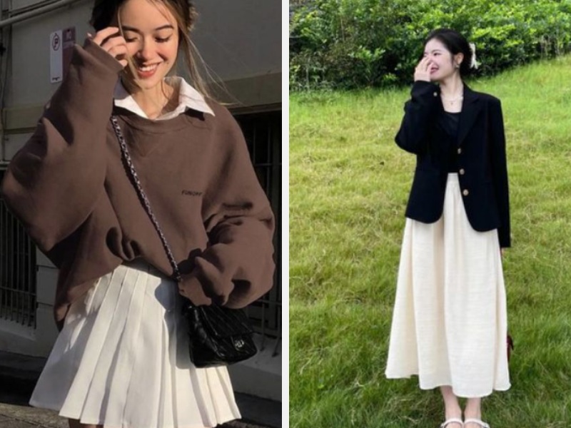 Phối Chân Váy Xòe Mặc Với Áo Gì Cho Nàng Thêm Xinh 8 Mặc với áo hoodie - vest blazer