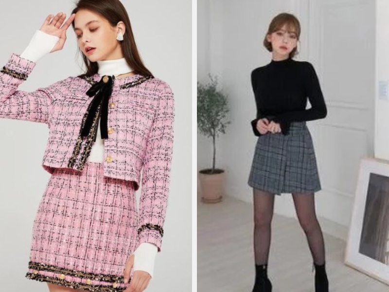 Phối Đồ Với Chân Váy Dạ Tweed: Bật Mí Cách Mix & Match Đỉnh Cao 7 Chân váy dạ tweed phối với áo croptop - áo len cổ tròn