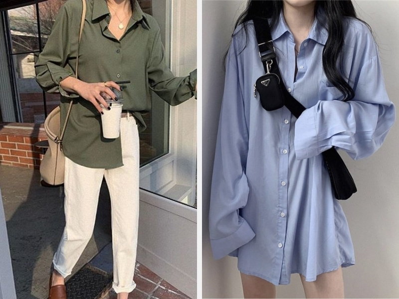 10+ Cách Phối Đồ Với Áo Sơ Mi Form Rộng Nữ Hàn Quốc 3 Quần baggy -Giấu quần