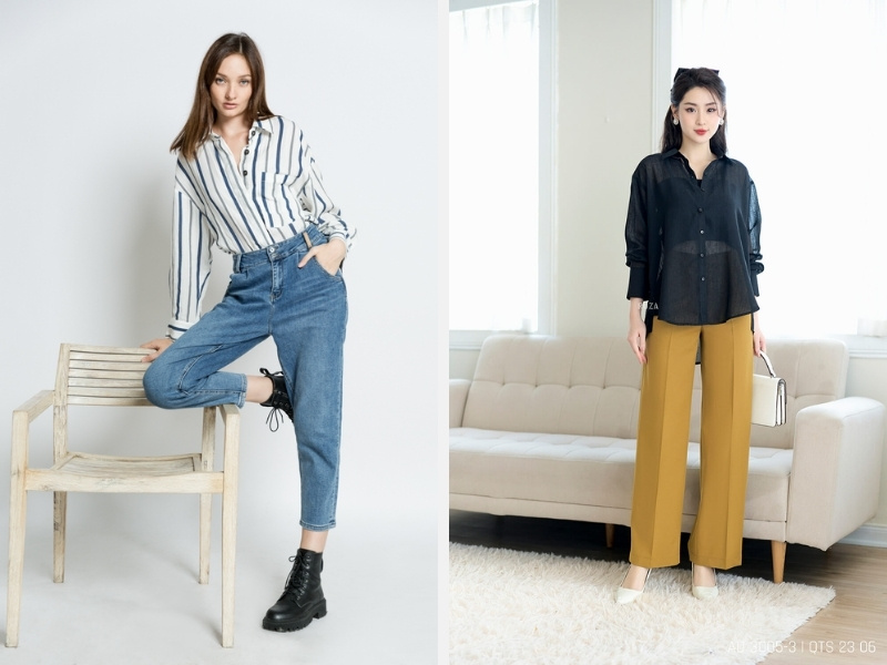 10+ Cách Phối Đồ Với Áo Sơ Mi Form Rộng Nữ Hàn Quốc 4 Quần jean ôm - Quần tây
