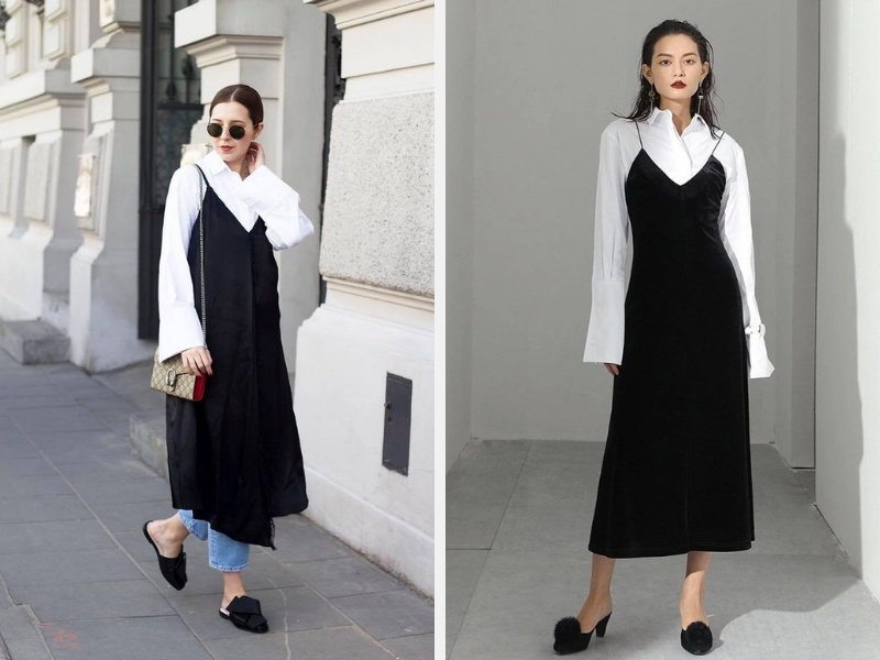 10+ Cách Phối Đồ Với Áo Sơ Mi Form Rộng Nữ Hàn Quốc 10 Slip dress