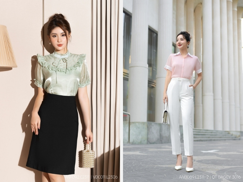 10+ Cách Phối Đồ Với Áo Sơ Mi Tay Ngắn Nữ Ấn Tượng 7 Phối áo sơ mi tay ngắn với chân váy - quần baggy