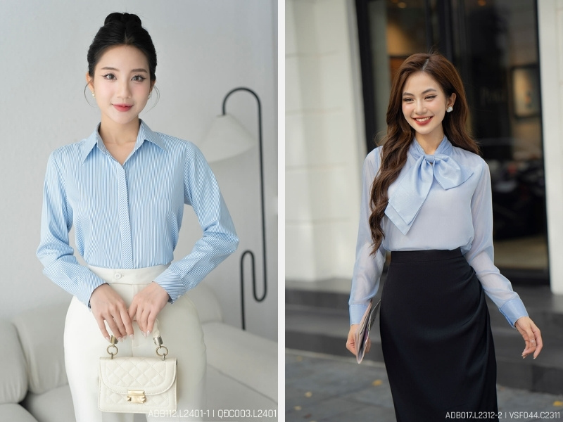 7+ Cách Phối Đồ Với Áo Sơ Mi Xanh Dương Nữ Đẹp 2024 4 Kết hợp áo sơ mi xanh dương với quần trắng - chân váy